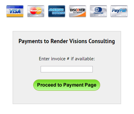 Initial screen for RVC (Render Visions Consulting) PayPal checkout screen flow: enter invoice # and "Proceed to Payment Page"
