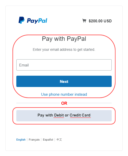 Example PayPal checkout screen with choice between PayPal login and use of payment card directly
